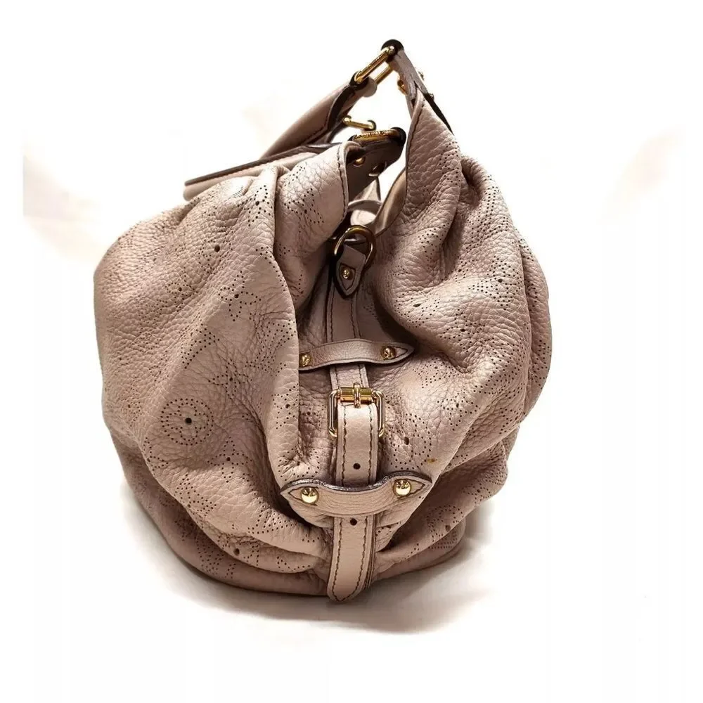 Auth Louis Vuitton Neutrals Monogram Mahina L Hobo M93123 LV Handbag Beige Purse